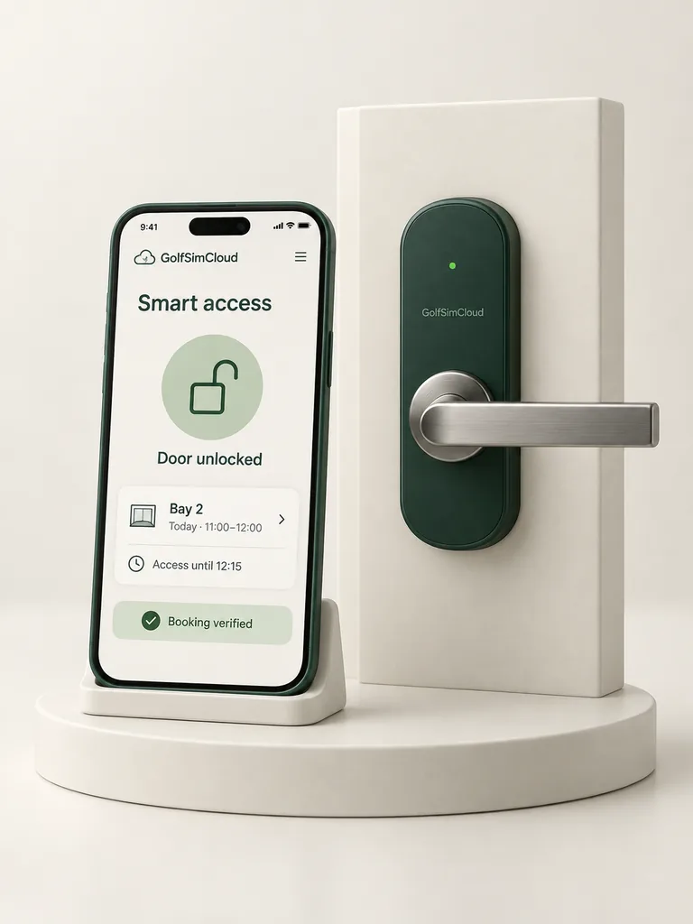 A phone confirming booking-linked door access beside a green smart lock