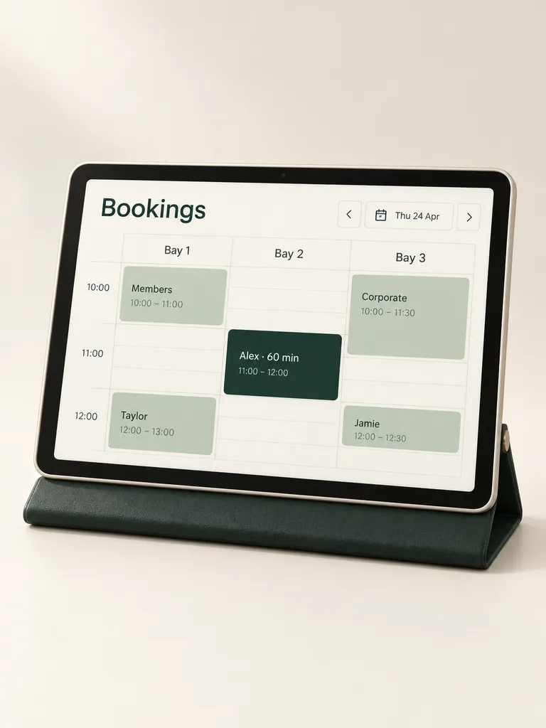 A tablet showing simulator bay availability and scheduled bookings