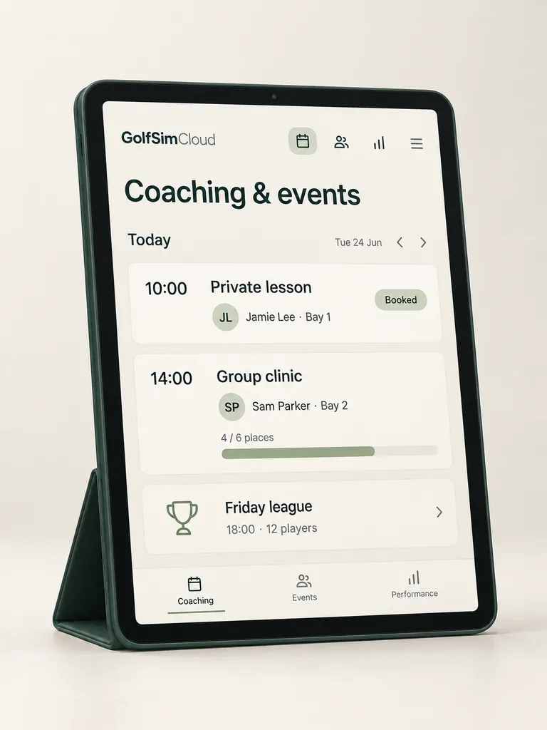 A tablet showing golf lessons, assigned coaches, group availability and an upcoming league