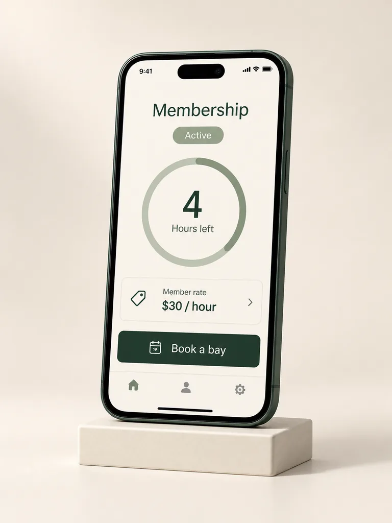 A phone showing an active membership, remaining hours and member pricing