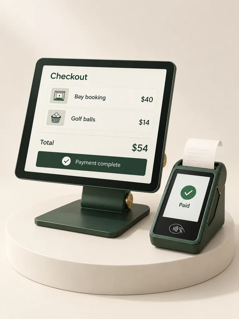 A green checkout display and payment terminal confirming a booking and retail purchase